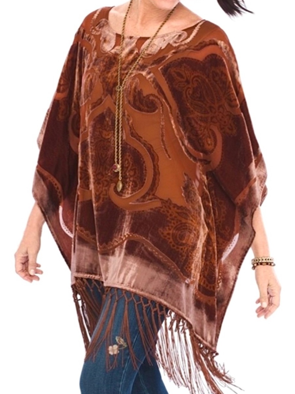 Chico's Paisley Velvet Burnout Poncho Tassel Fringe Hem Copper Brown Royalcore